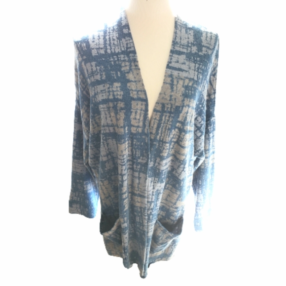 Pure Jill J Jill XL Indigo Blue Cotton Two-Tone Abstract One Button Cardigan - Picture 2 of 10